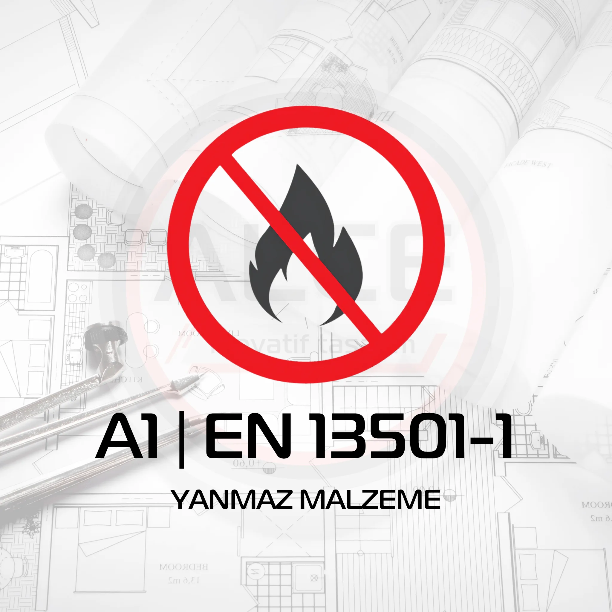 A1 sınıfı EN 13501-1 yanmazlık sertifikalı tavan malzemesi işareti