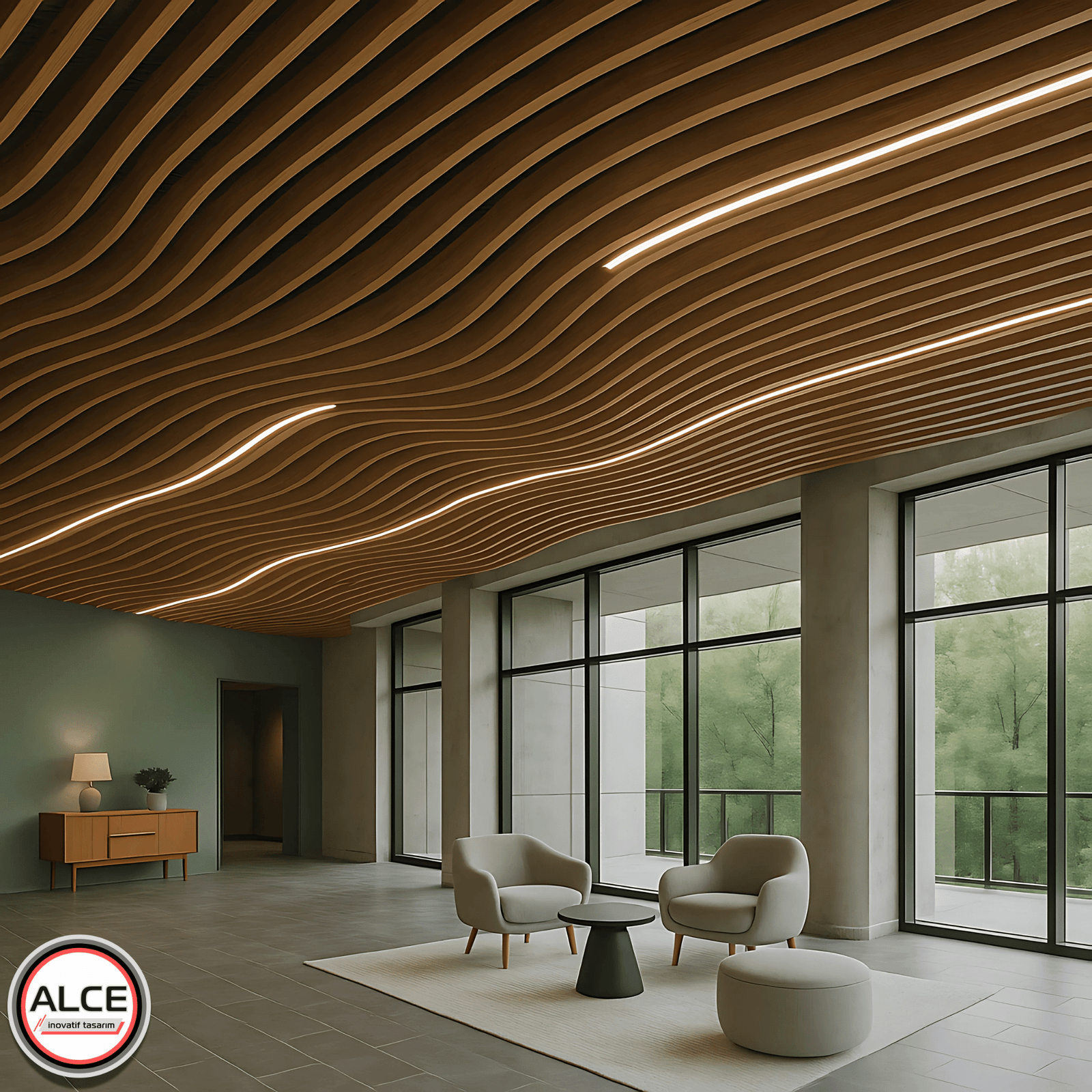 Dalgalı formda tasarlanmış ahşap görünümlü metal baffle paneller, entegre LED aydınlatmalarla birlikte doğal ışığın hâkim olduğu modern bir iç mekânda özgün bir tavan kompozisyonu sunar