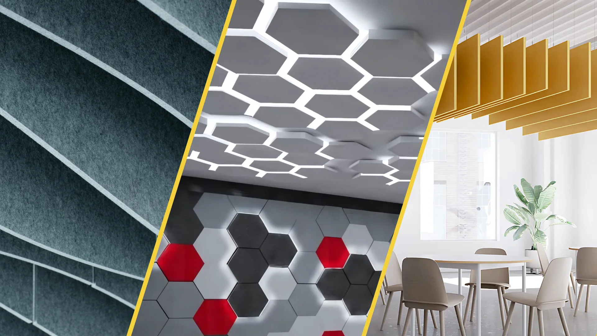 Akustik keçe, altıgen panel ve baffle tavan gibi çeşitli akustik çözümler kolajı