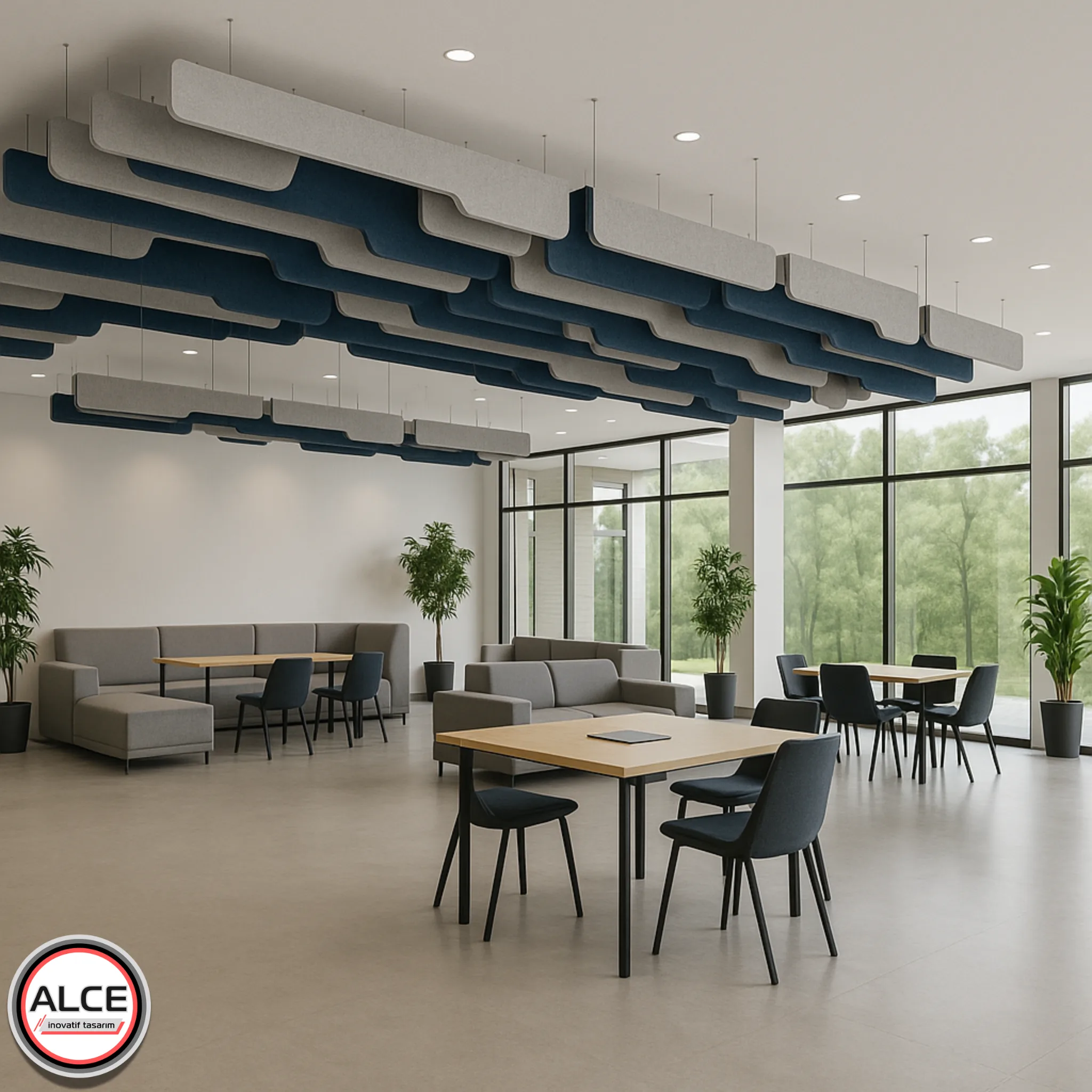 Alce İnovatif Tasarım'ın Akustik Çözümler kapsamında sunduğu, mavi ve gri dikey lineer Akustik Panel kullanılarak tasarlanmış Akustik Asma Tavan (Baffle Tavan); modern ofisler, lobiler ve benzeri yüksek, geniş hacimli mekanlarda üstün ses yutumu ve yankı kontrolü sağlayan etkili bir Akustik Panel uygulamasıdır.