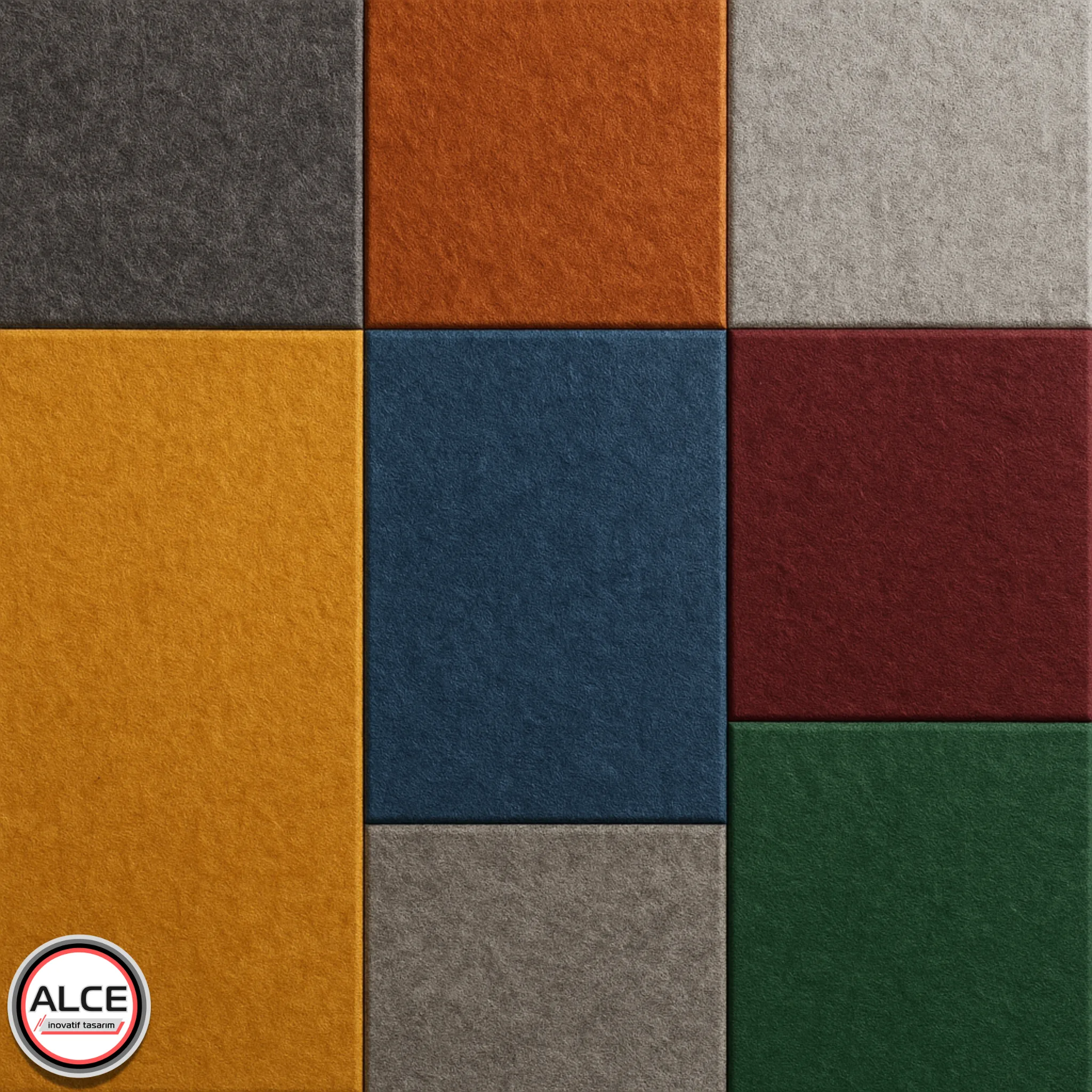 Alce İnovatif Tasarım akustik keçe panel, PET keçe, ses emici panel, geri dönüştürülmüş akustik çözüm, dekoratif duvar paneli, tavan akustiği, çevre dostu.