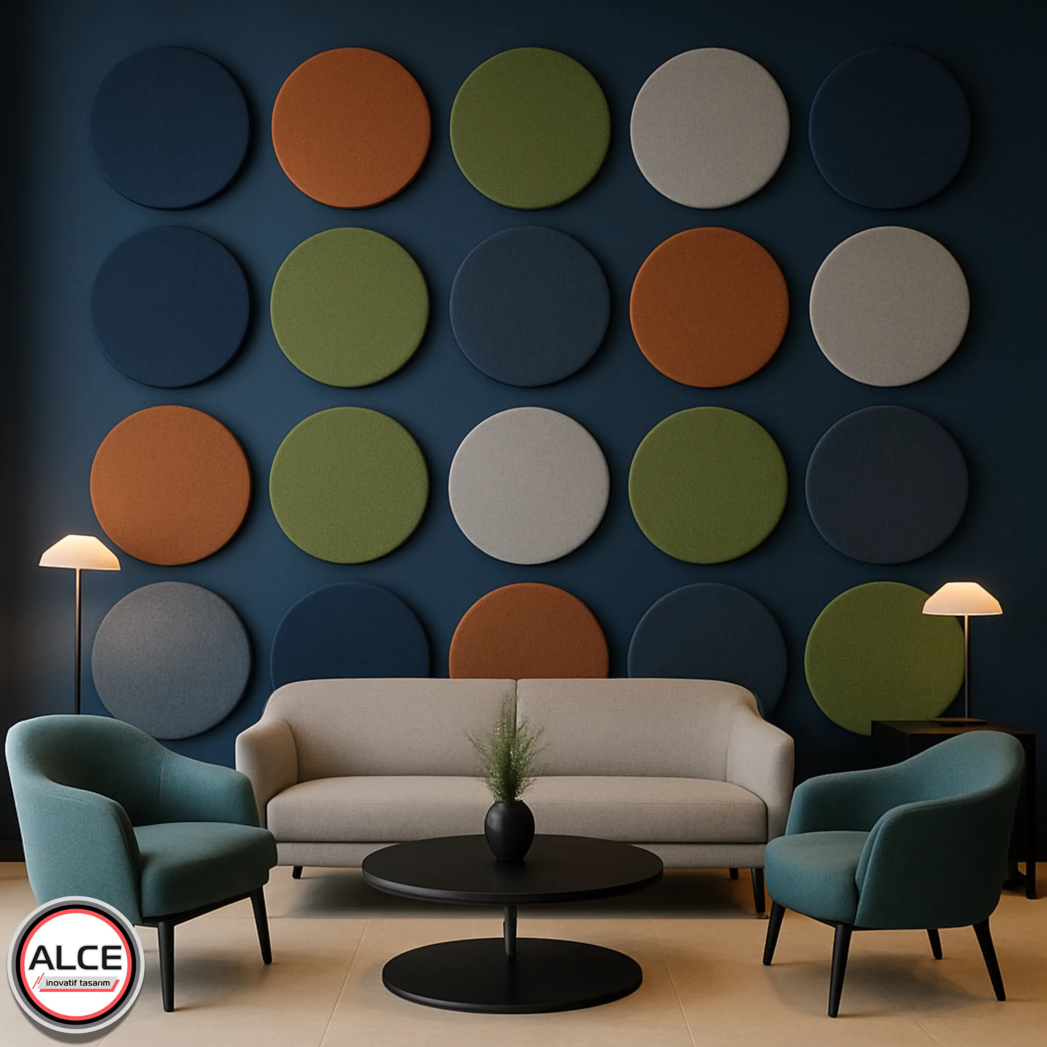 Akustik kumaş kaplı panellerde Alce İnovatif Tasarım: Estetik ve fonksiyonelliği birleştiren, modern ofis duvarlarında kullanılan, ses emici renkli paneller.