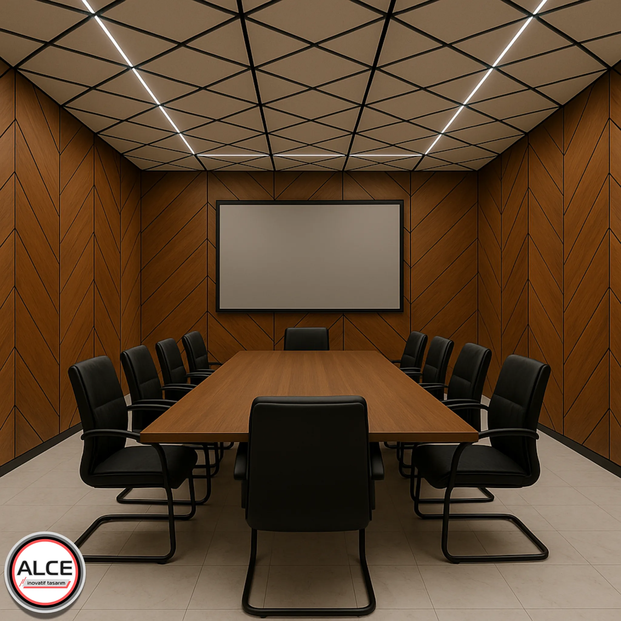 Akustik Ahşap Paneller ve Akustik Tavan montajı yapılmış bir ofis tasarımı