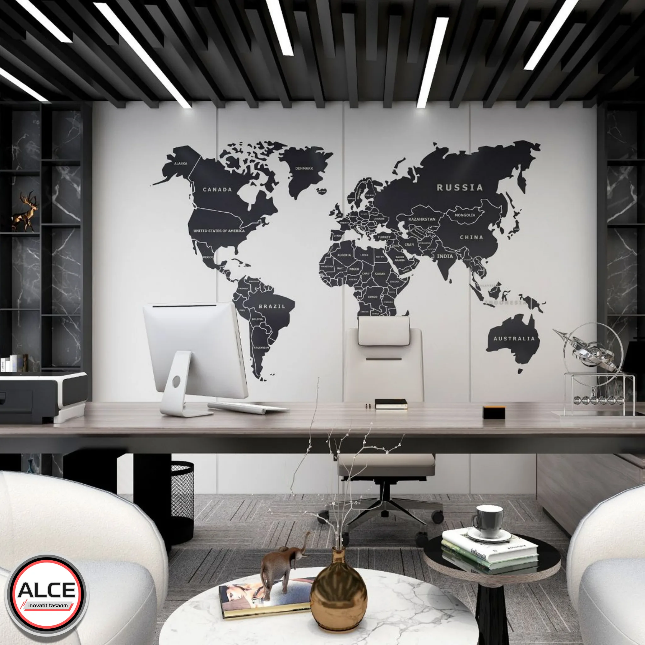 Alce İnovatif Tasarım: Dünya haritalı modern ofiste 20 yıllık deneyimle projeye özel asma tavan, entegre aydınlatma ve akustik çözümler.