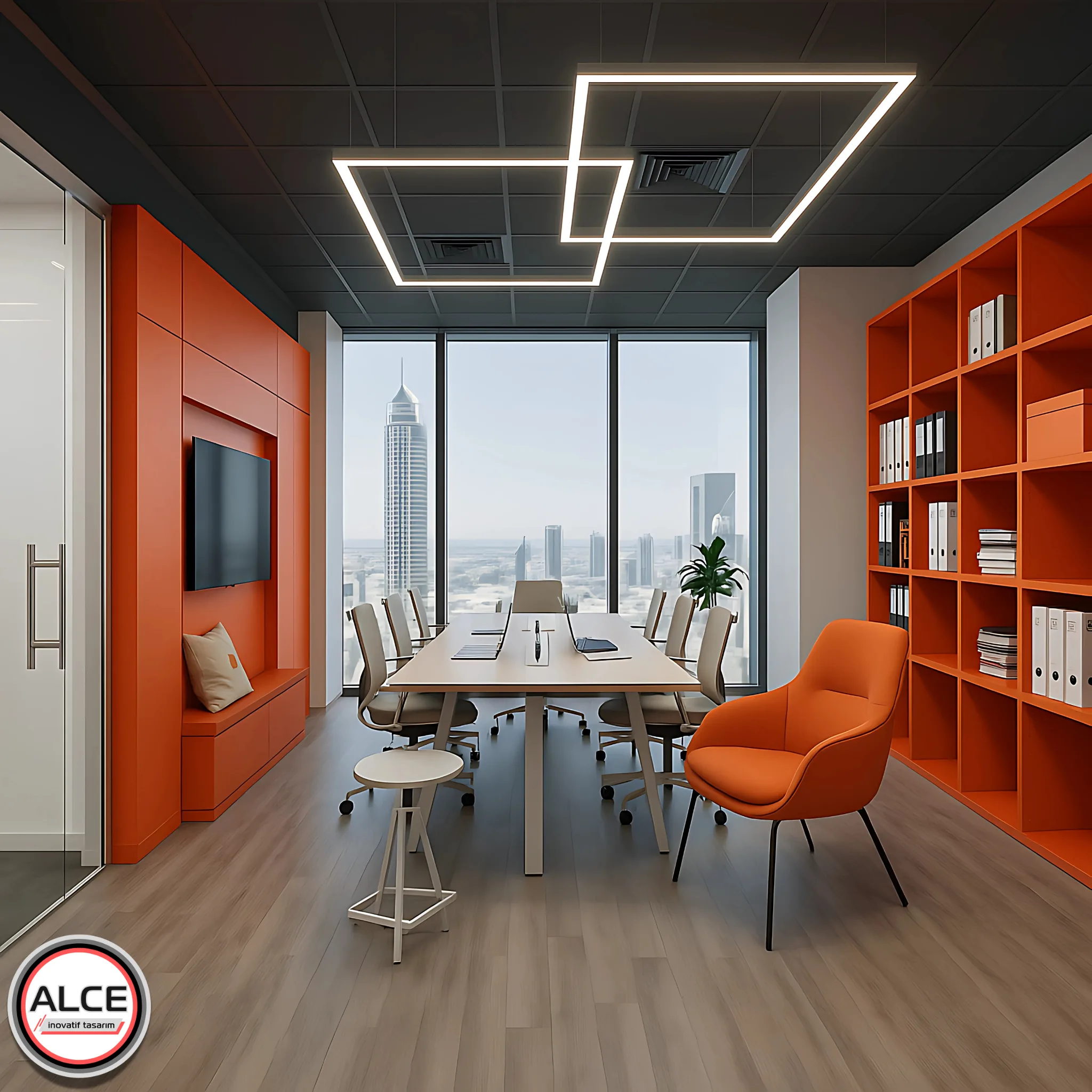 an orange room with a table and chairs