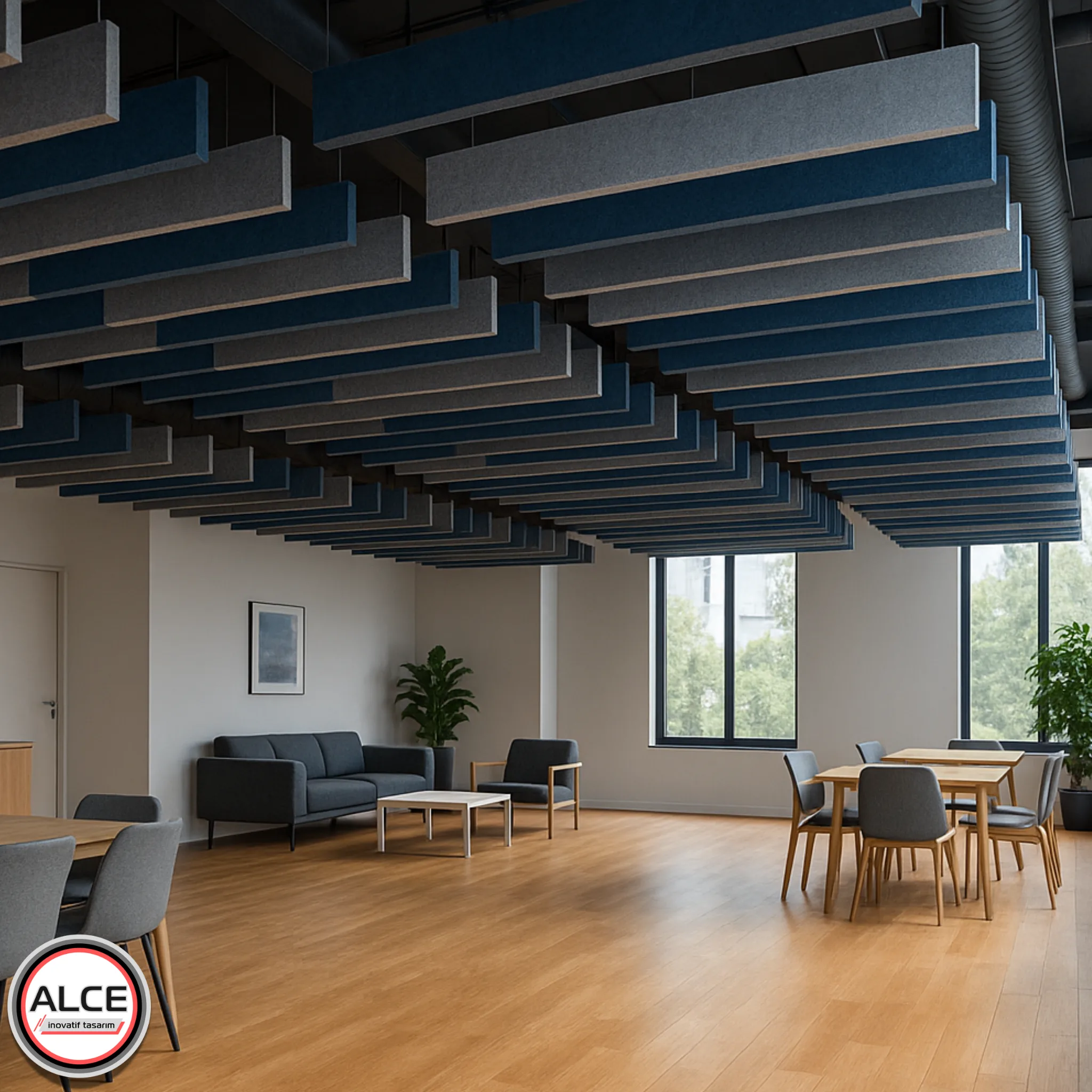 Alce İnovatif Tasarım: Modern iç mekanda mavi ve gri akustik baffle asma tavan uygulaması. Metal ve ekonomik asma tavan seçenekleri.