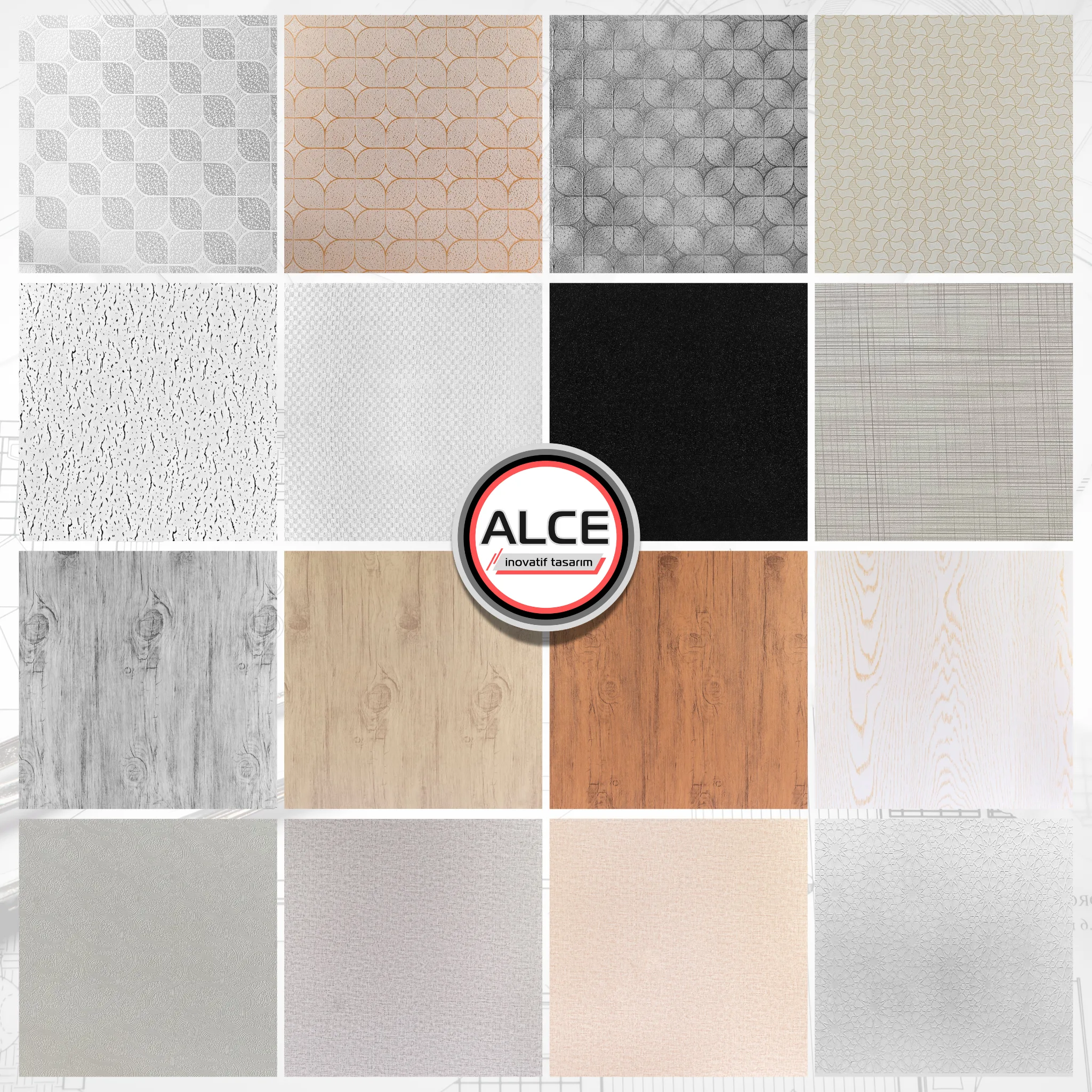 Alce İnovatif Tasarım tarafından sunulan Karolam (Vinil Kaplı Alçı Levha) asma tavanlar için çeşitli estetik yüzey desenlerini ve doku alternatiflerini sergileyen örnekler kolajı. Ekonomik Asma Tavan Çeşitleri