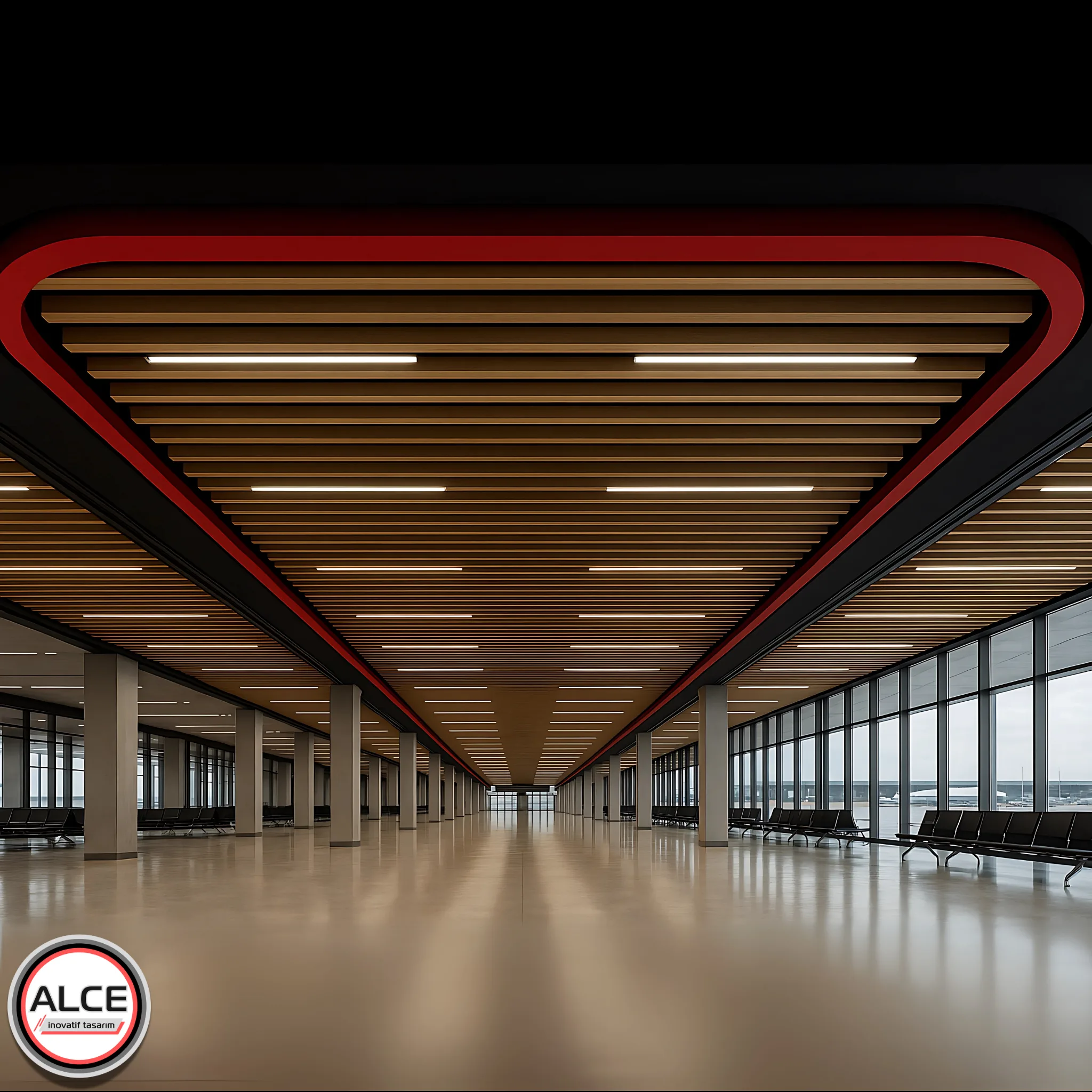 Havaalanı terminallerine uygun olarak tasarlanan bu metal baffle asma tavan uygulaması, lineer panel yapısı ve yüksek tavan dengesiyle yolcu yönlendirmesini kolaylaştırırken, A1 sınıfı yanmazlık özelliğiyle güvenli bir çözüm sunar – Alce İnovatif Tasarım