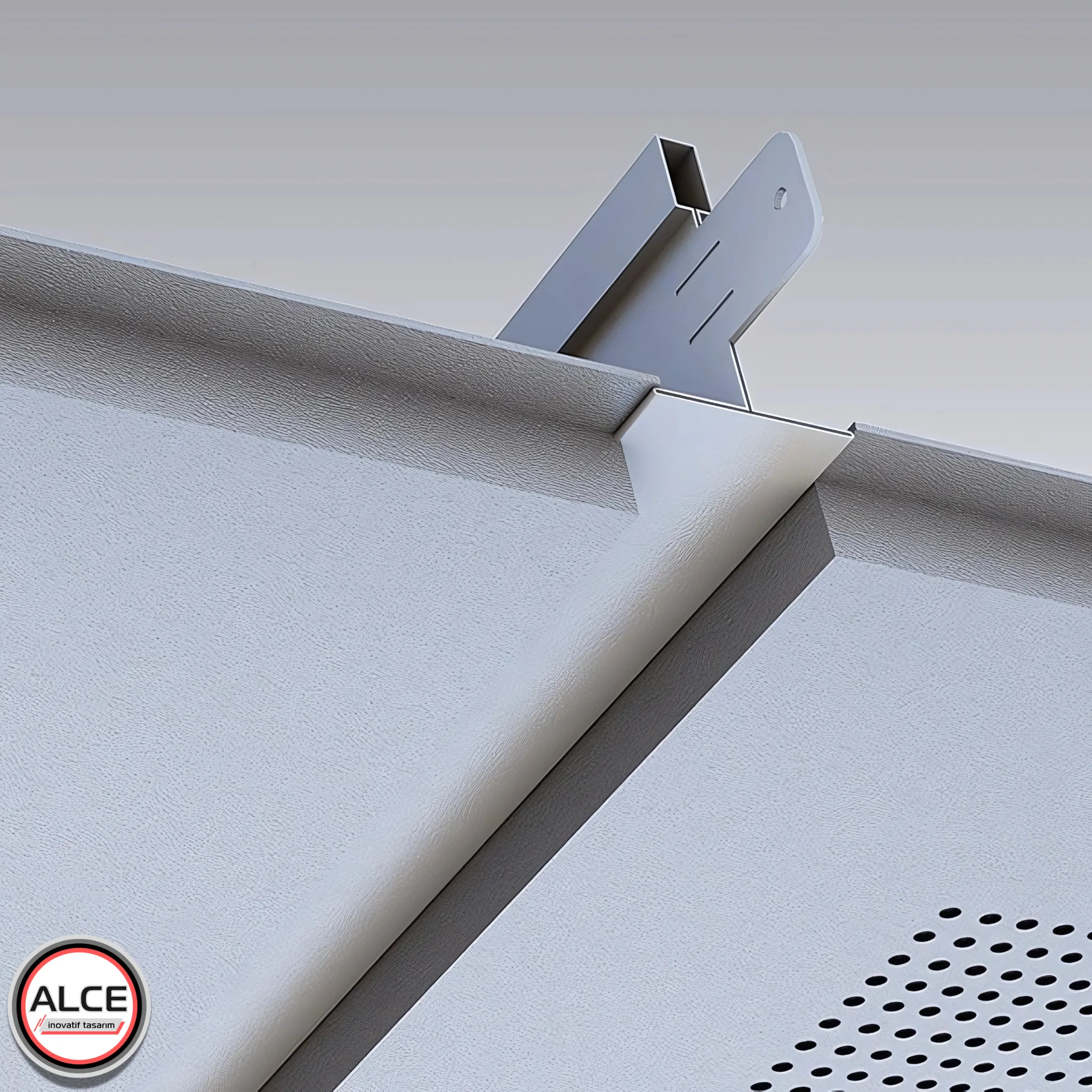 Alce İnovatif Tasarım Lay-in asma tavan sistemi: Delikli metal panelin görünür T-profil sistemi içerisine nasıl yerleştiğini ve belirgin grid görünümü oluşturduğunu gösteren yakın plan detay.