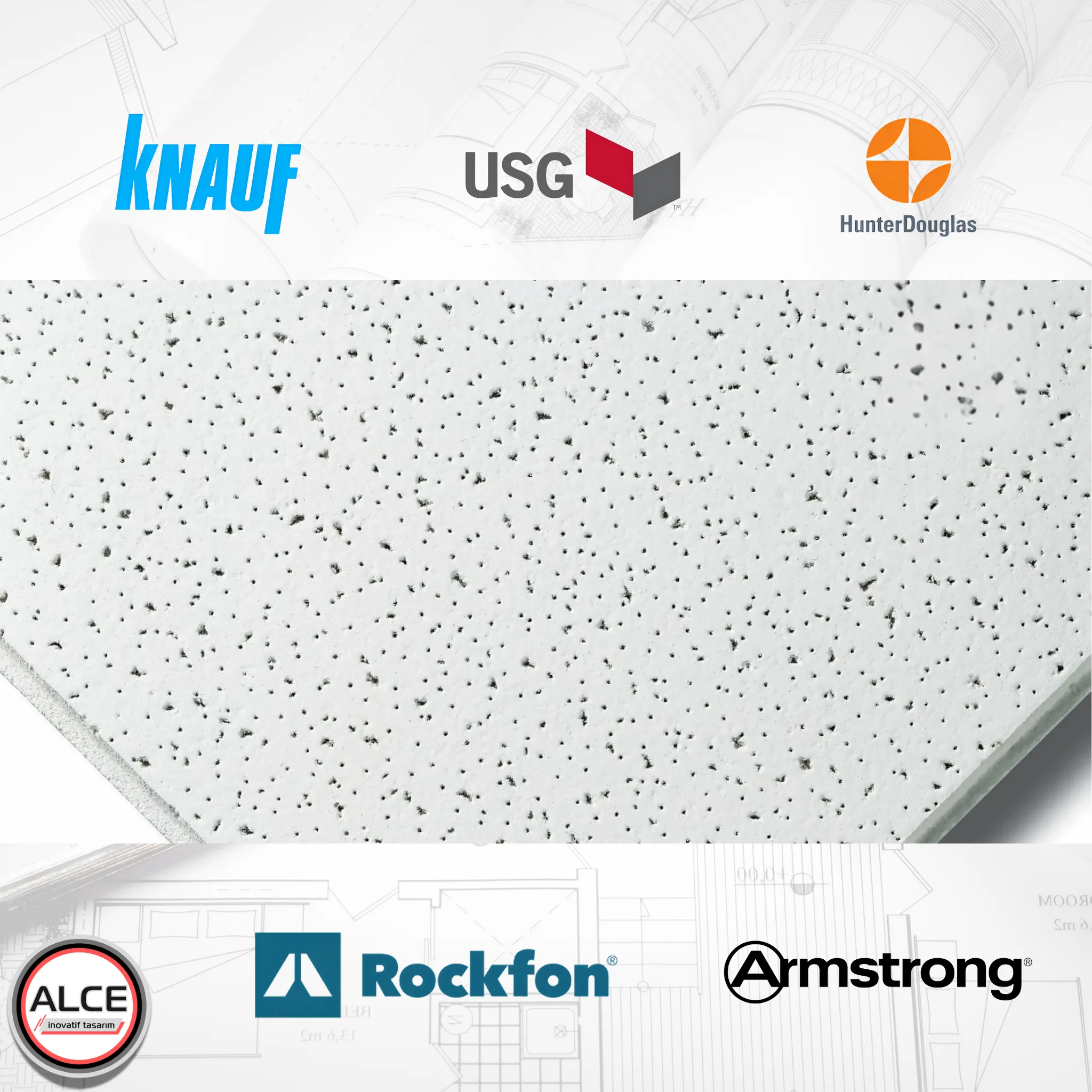 Alce İnovatif Tasarım tarafından sunulan, ses yutumu ve ısı yalıtımı sağlayan taşyünü asma tavan panelinin karakteristik yüzey dokusu; Knauf, USG, HunterDouglas, Rockfon ve Armstrong gibi sektörün önde gelen marka logolarıyla birlikte sergileniyor. Ekonomik Asma Tavan Çeşitleri