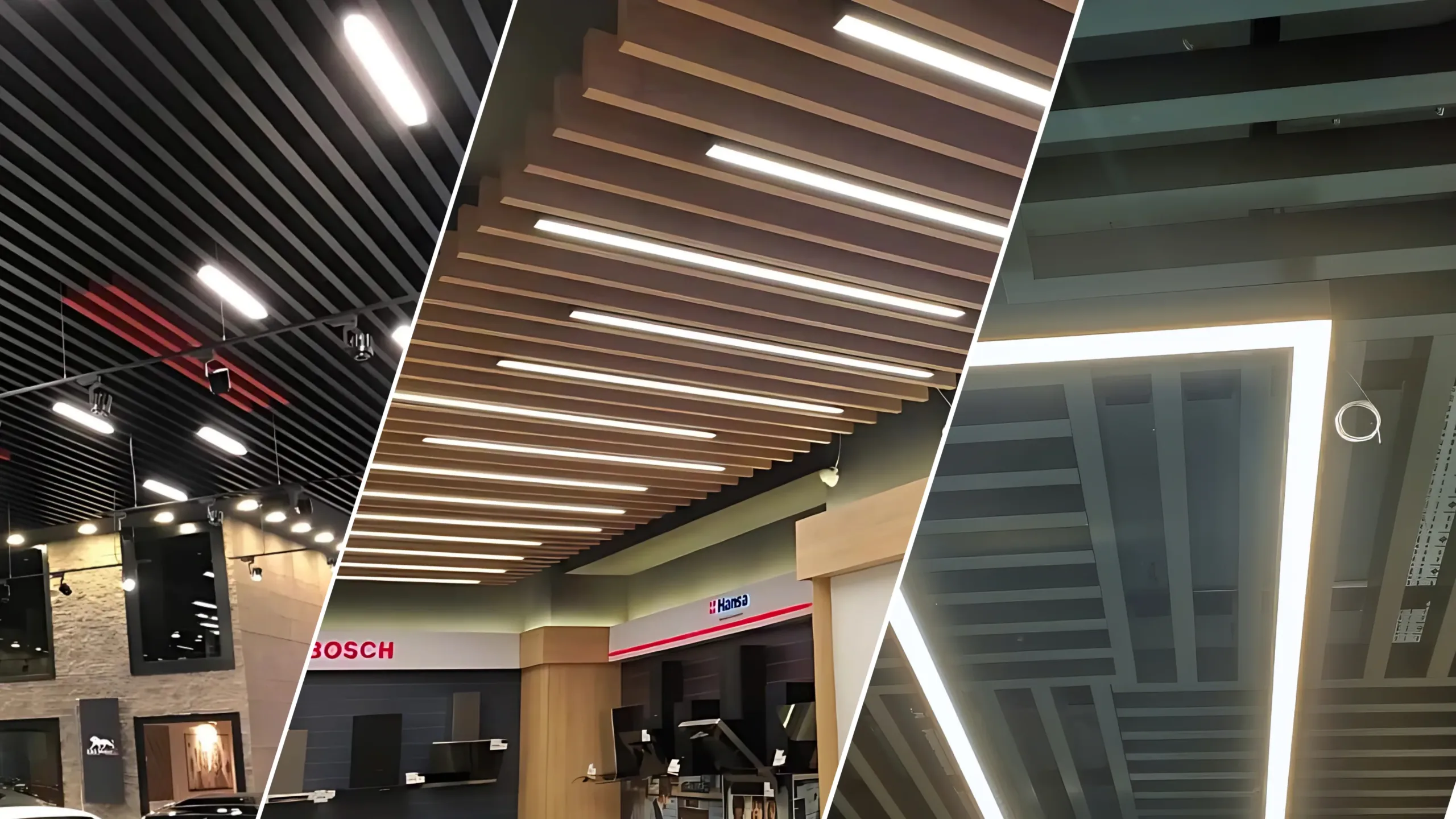 Entegre lineer LED aydınlatmalı Baffle Asma Tavan uygulamaları