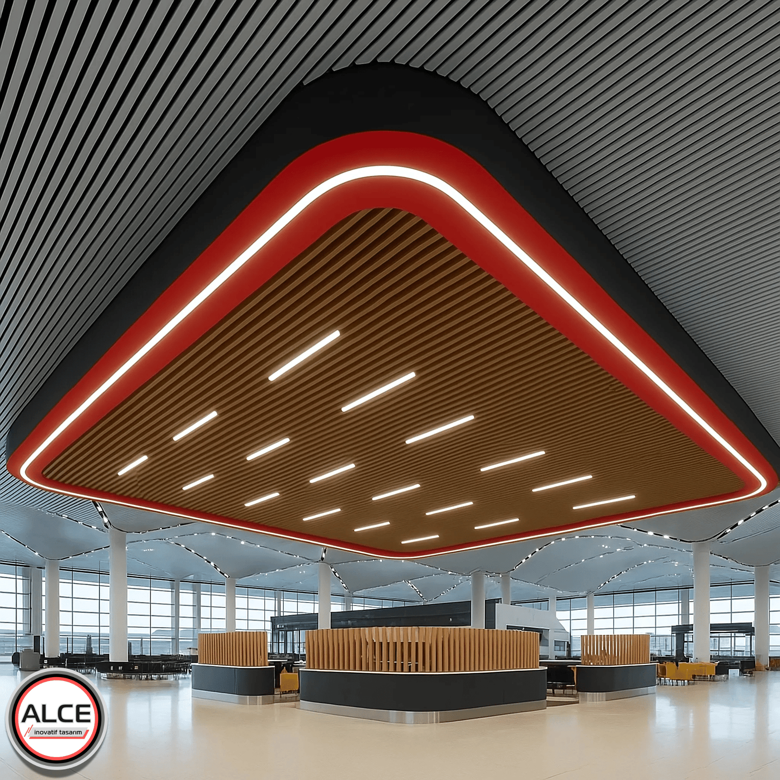 Ulaşım, konaklama ve sosyal alanlarda tercih edilen metal baffle asma tavan sistemleri, estetik çizgisi ve dayanıklı yapısıyla havaalanı, otel, restoran gibi mekânlarda uzun ömürlü ve bakımı kolay çözümler sunar – Alce İnovatif Tasarım