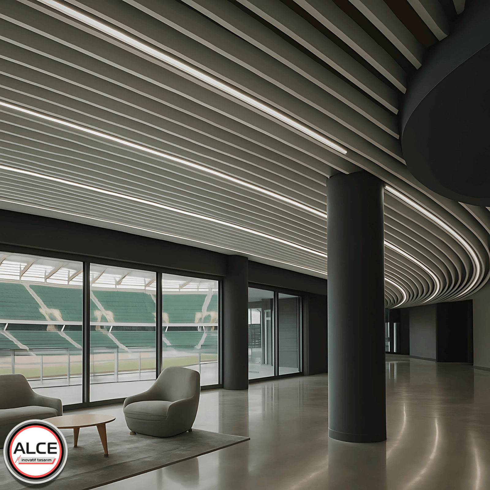 Stadyum manzaralı modern bir iç mekânda, kavisli ve entegre LED aydınlatmalı özel tasarım metal baffle asma tavan uygulaması