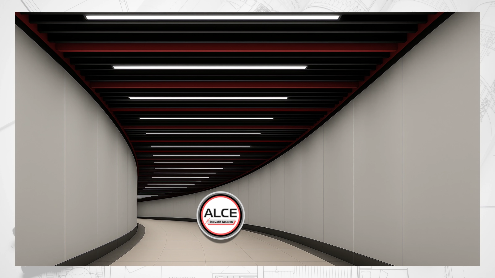Metal Baffle Asma Tavan Siyah ve Kirmizi Koridor Radius | Alce İnovatif Asma Tavan